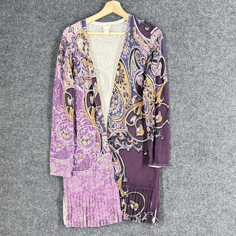 Chico's Cardigan Women 1 Purple Paisley Long Sleeve Knit Open Front Cotton